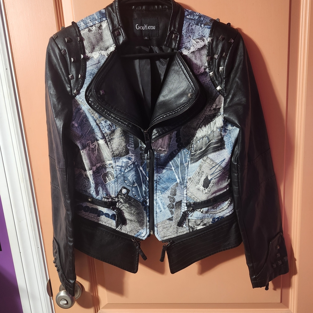 Women's Black and Blue Leather Jacket